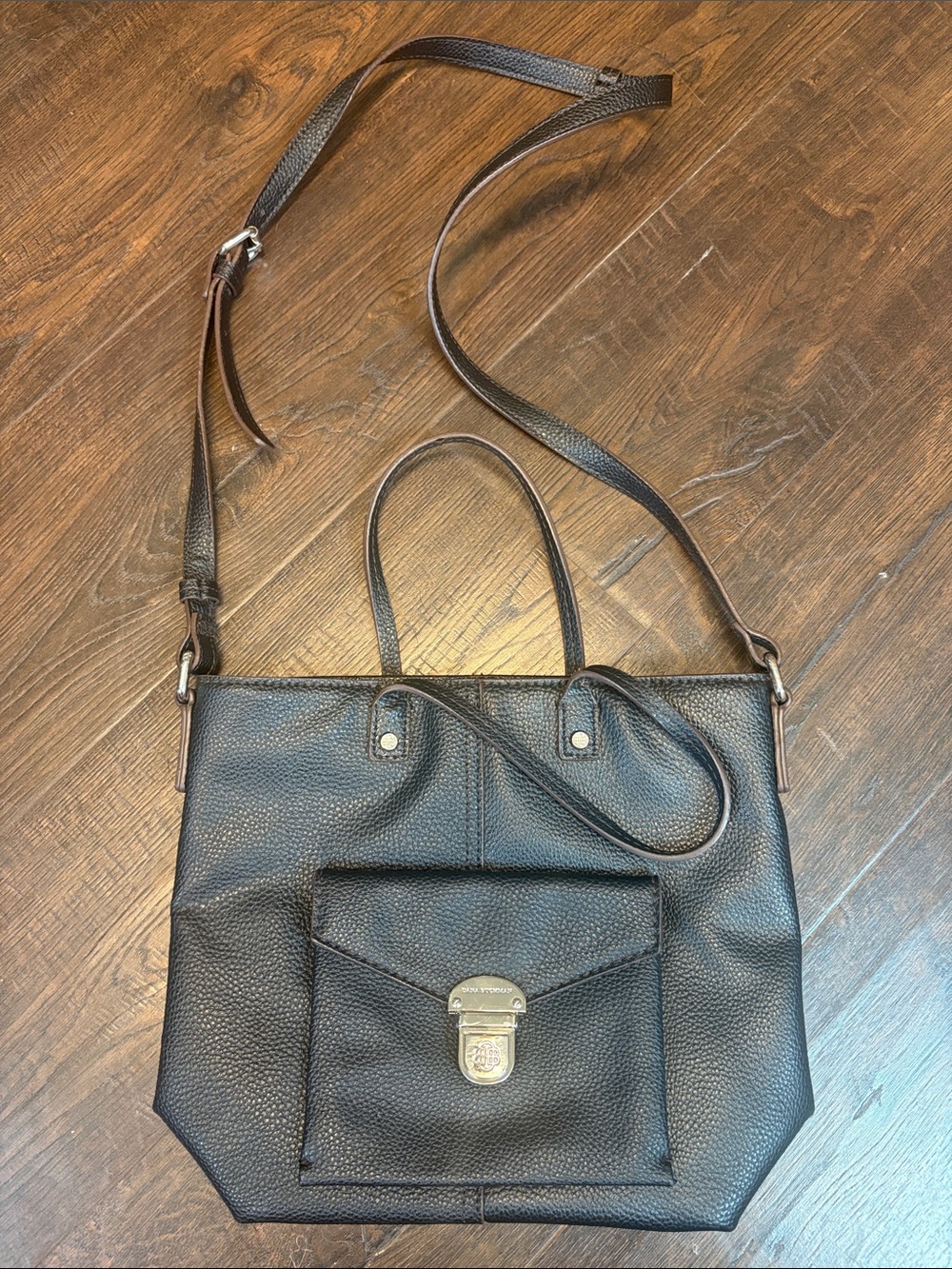Dana Buchman Black Pebbled Shoulder Bag Silver Lock Zebra Lining Inner Pockets